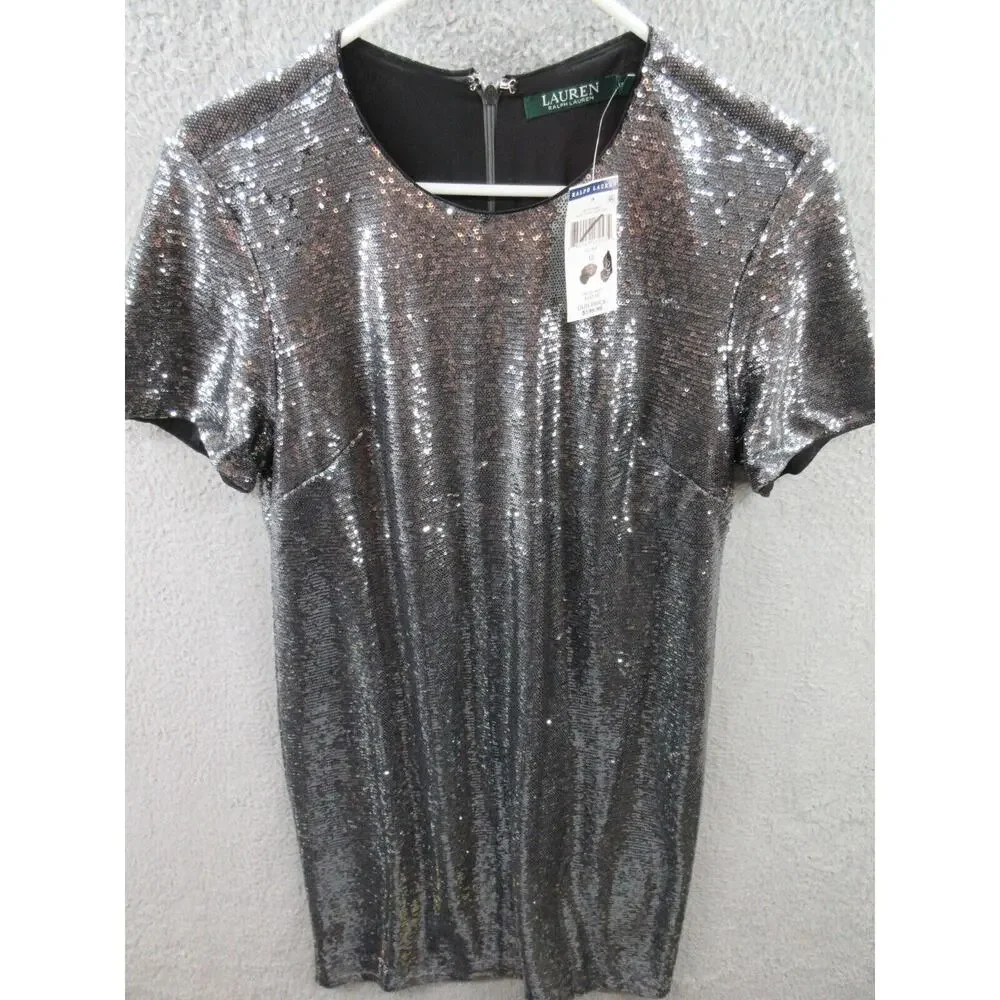NWT Ralph Lauren Women Sz 12 Silver Sequined Party Cocktail Dress Round Neck - Picture 15 of 16